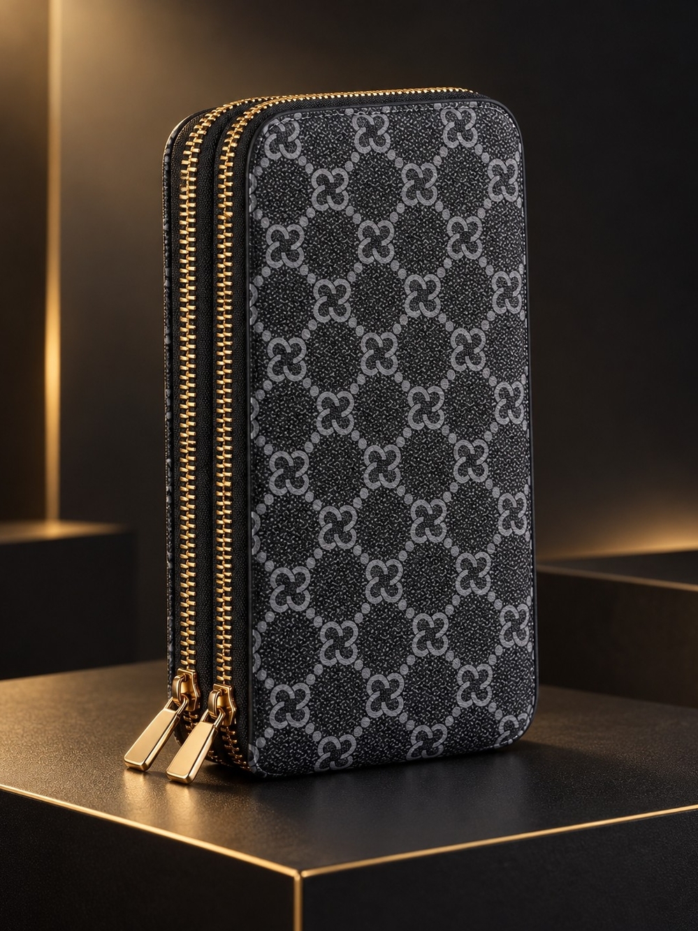 Black Patterned Double-Zip Card & Key Holder